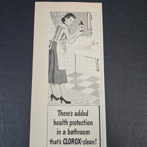 1953 Clorox Clean Bleach Disinfectant Vintage Print Ad Lady Cleaning‎ Bathroom